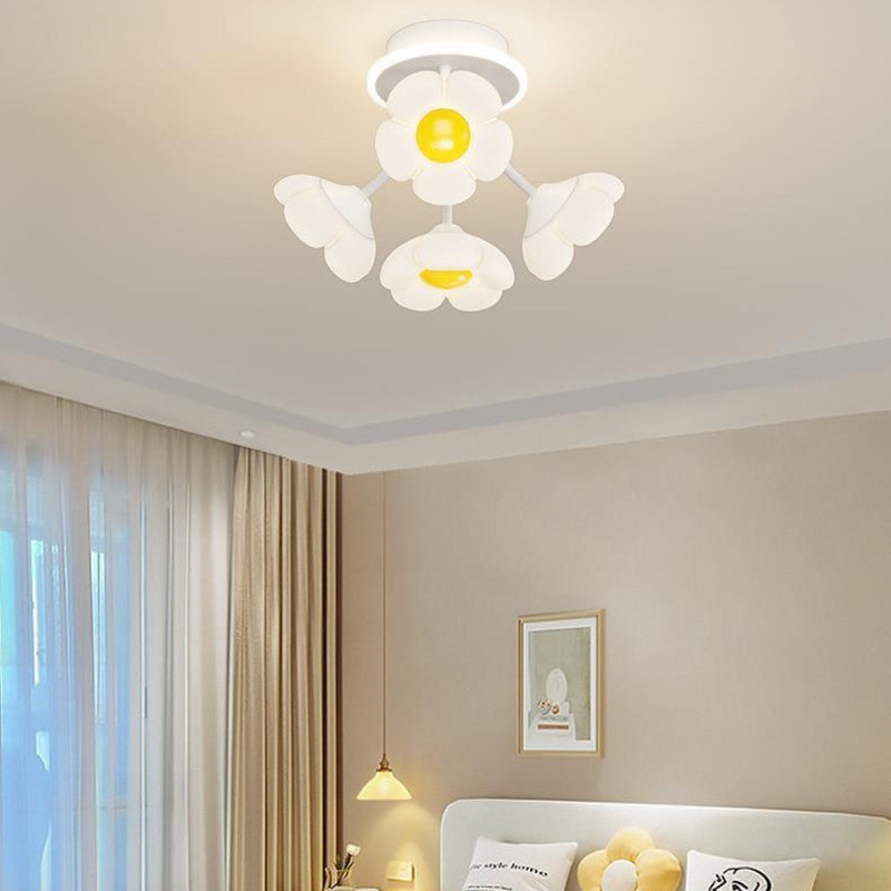 Contemporary Creative Flower PE Shade Iron Frame LED Semi-Flush Mount Ceiling Light For Bedroom