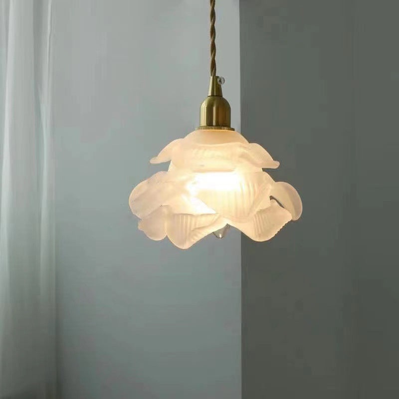 Modern Art Deco Brass Floral Glass Shade 1-Light Pendant Light For Bedroom