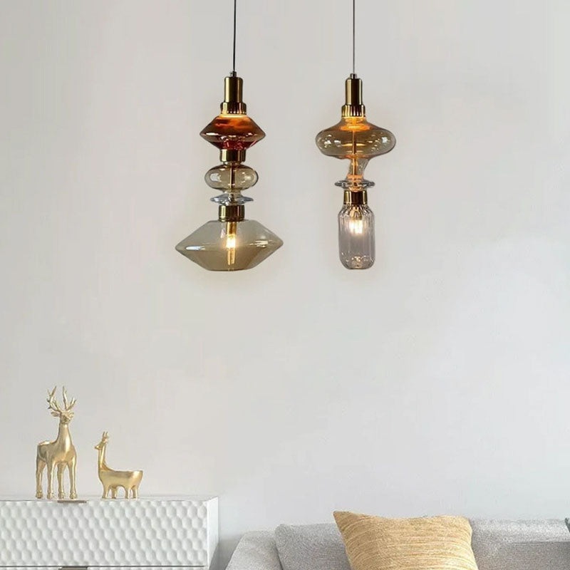 Traditional European Irregular Cylinder Iron Glass 1-Light Pendant Light For Living Room
