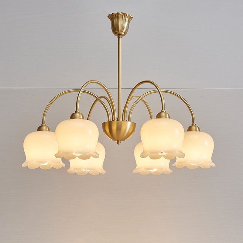 Traditional French Cream Floral Copper Glass 5/6/8 Light Chandelier For Living Room
