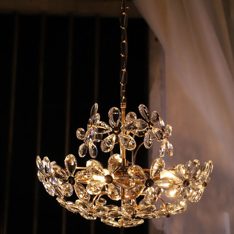 Traditional French Floral Full Brass Crystal 6-Light Pendant Light For Living Room