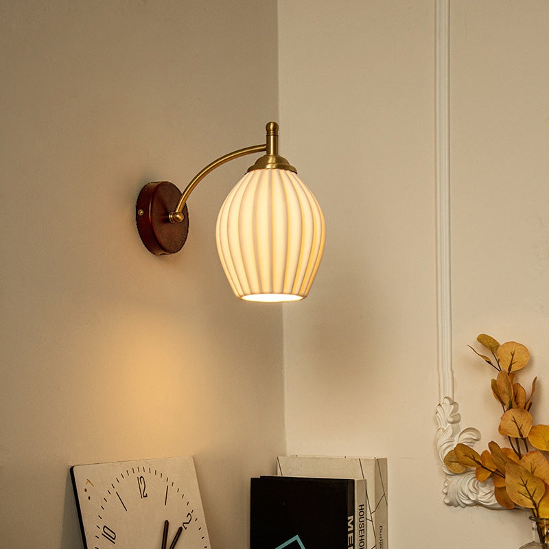 Traditional French Vintage Ceramic Glass Flower Shade Wood Base 1-Light Wall Sconce For Living Room
