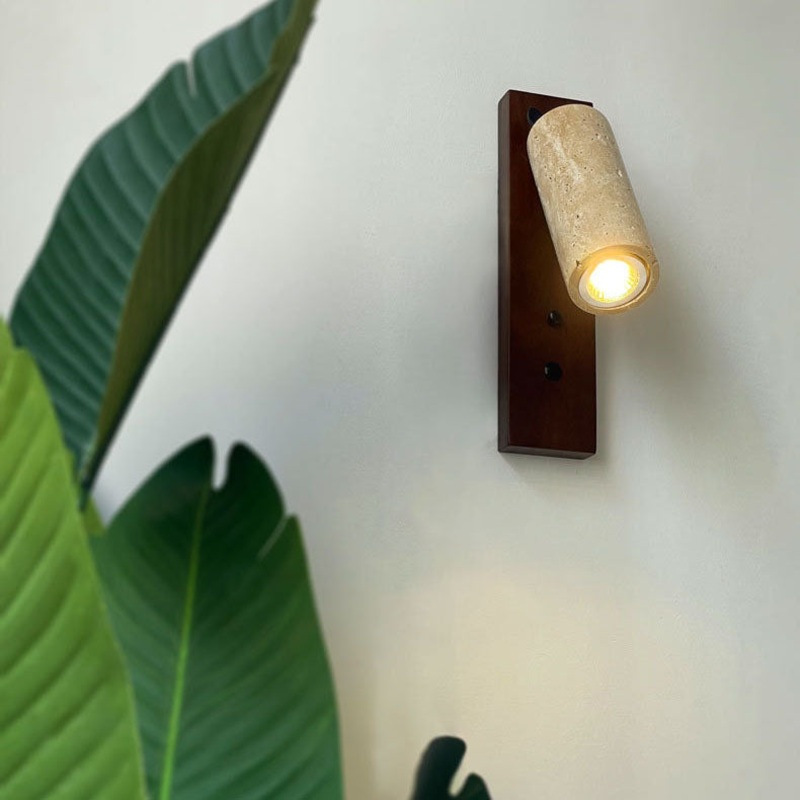 Traditional Japanese Cylinder Rectangle Solid Wood Iron Yellow Travertine 1-Light Wall Sconce Lamp For Bedroom