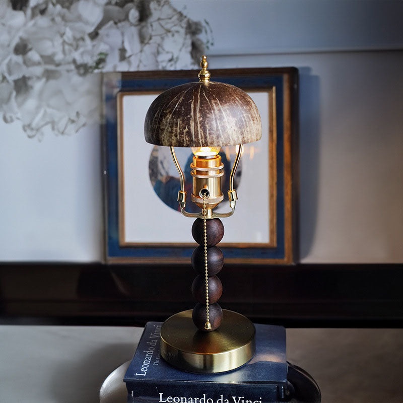 Traditional Vintage Coconut Shell Hardware Wood 1-Light Table Lamp For Bedroom