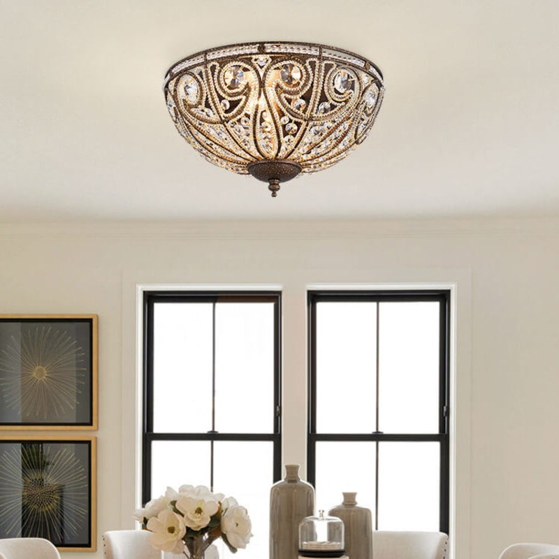 Traditional Vintage Half Circle Iron Crystal 3-Light Flush Mount Ceiling Light For Bedroom