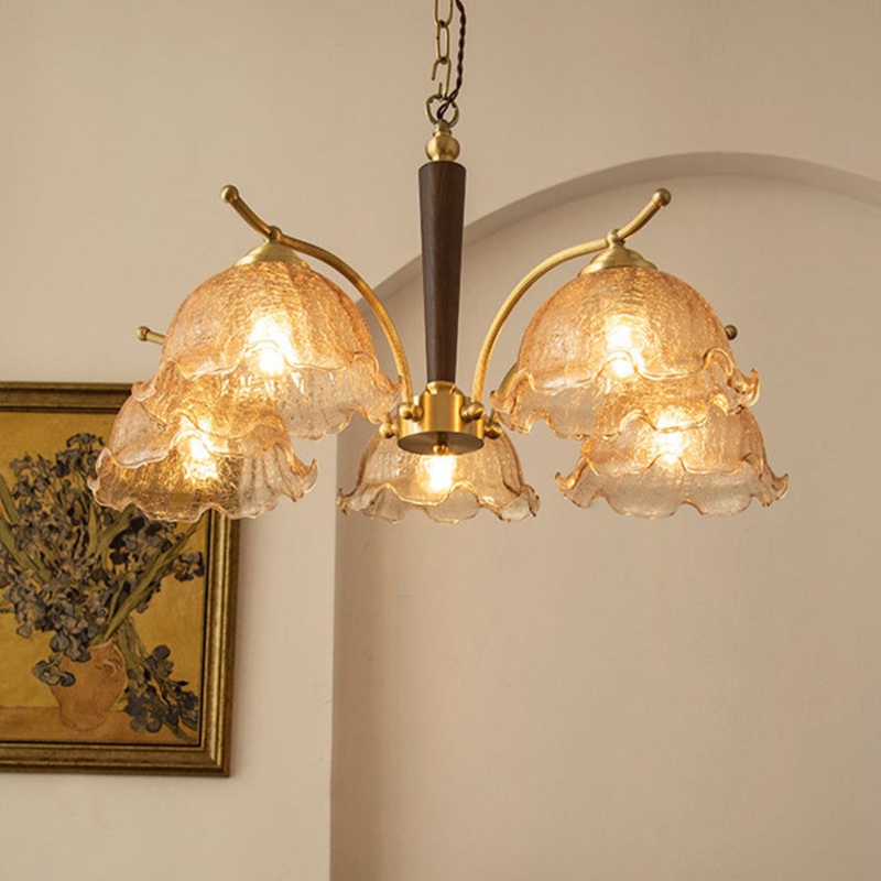 Traditional Vintage Petals All Copper Log Glass 3/5 Light Chandelier For Living Room