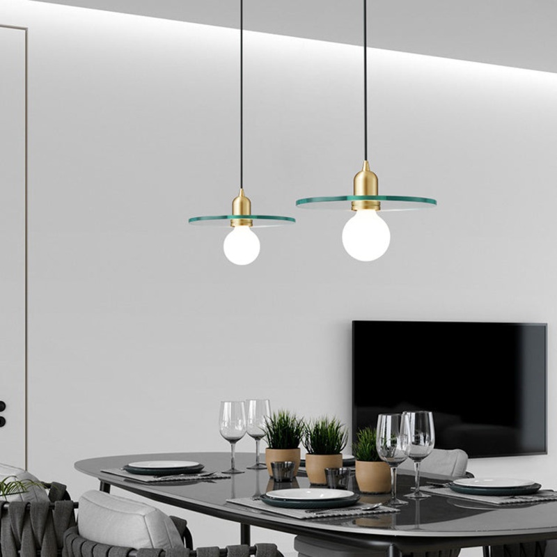 Contemporary Scandinavian Glass Round Disc Copper Lamp Head 1-Light Pendant Light For Dining Room