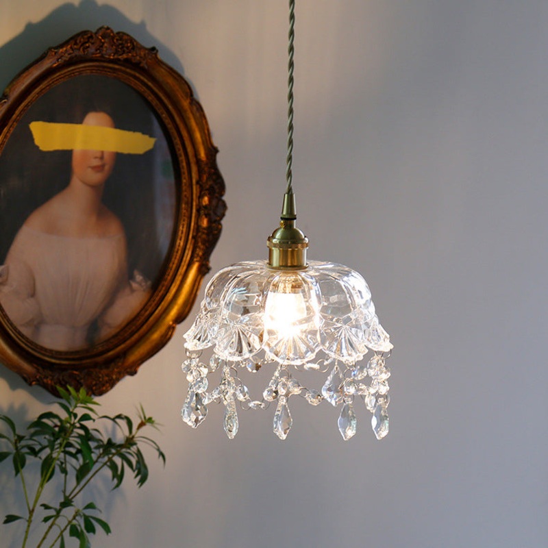 Modern Art Deco Brass Frame Crystal Round Glass Shade 1-Light Pendant Light For Living Room