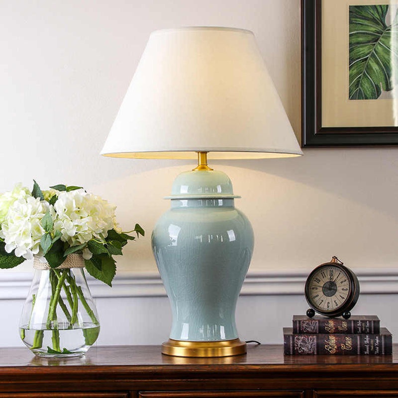 Traditional Chinese Fabric Shade Ceramic Vase Base 1-Light Table Lamp For Study