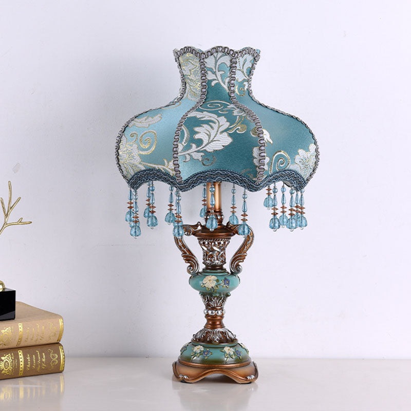 Traditional European Blue Fabric Tassel Resin 1-Light Table Lamp For Bedroom