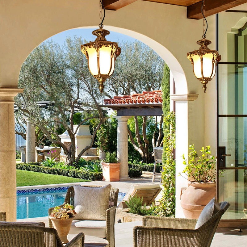 Traditional European Waterproof Aluminum Frame Glass Shade 1-Light Pendant Light For Garden