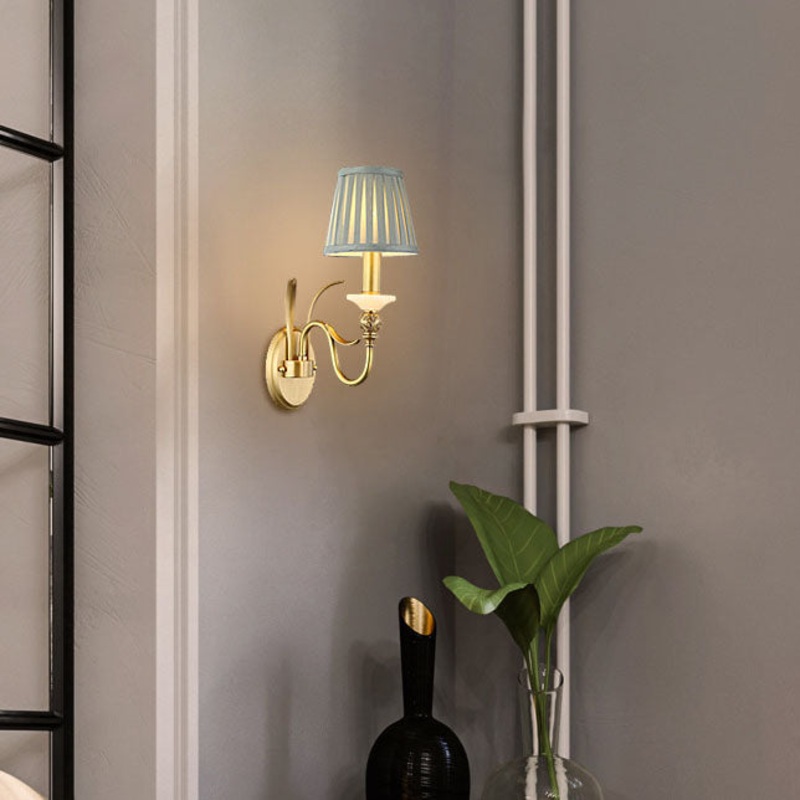 Traditional French Provincial Fabric Cone Copper Curved Arm 1//2 Light Wall Sconce Lamp