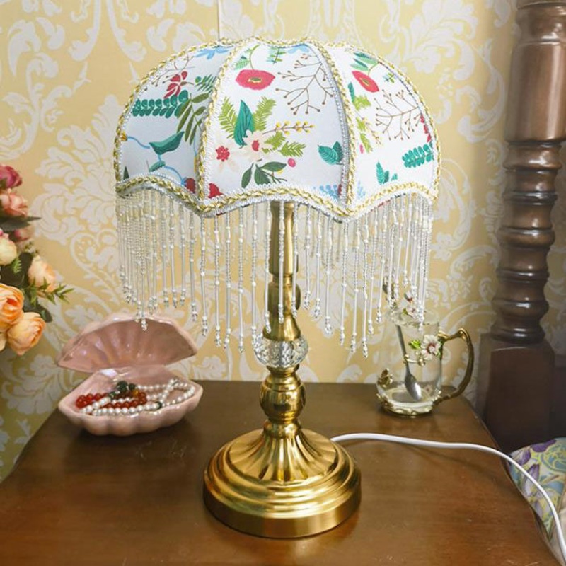 Traditional French Round Tassel Umbrella Metal Fabric 1-Light Table Lamp For Bedroom