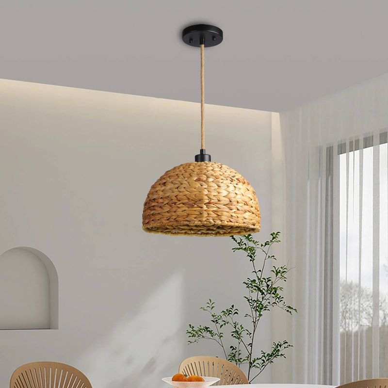 Traditional Japanese Half Round Rattan 1-Light Pendant Light For Living Room