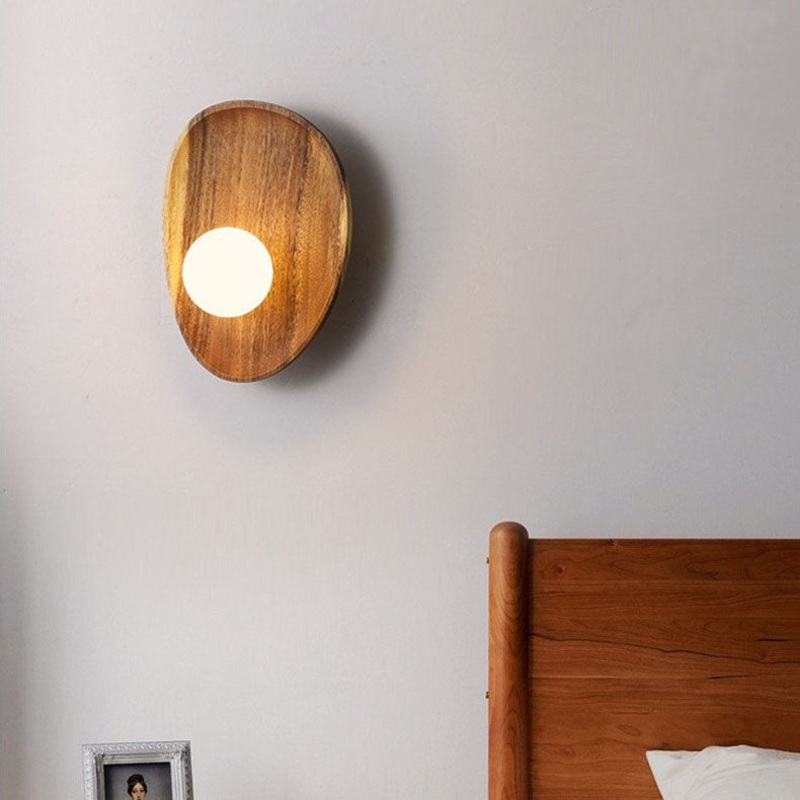Traditional Japanese Irregular Oval Plate Wood Glass LED Wall Sconce Lamp For Bedroom