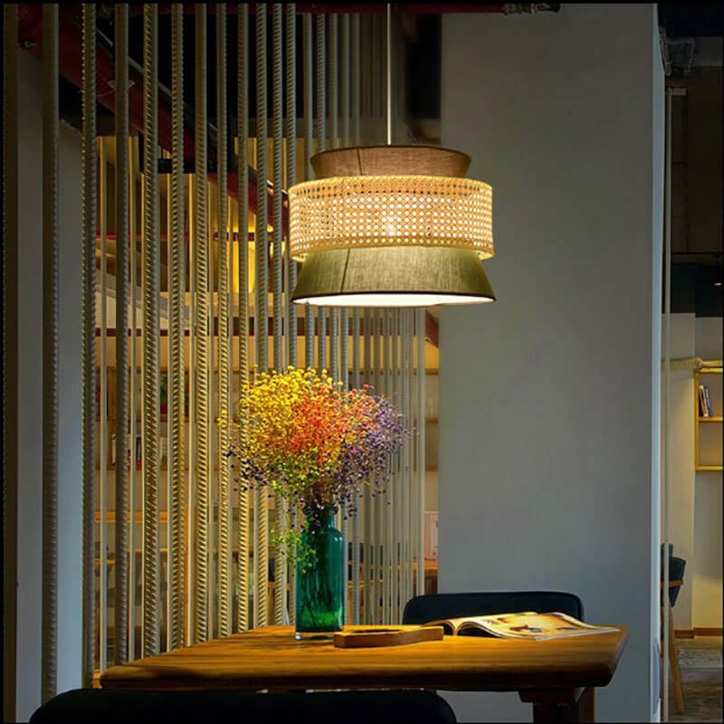 Traditional Japanese Rattan Weaving Fabric Round Shade 1-Light Pendant Light For Dining Room