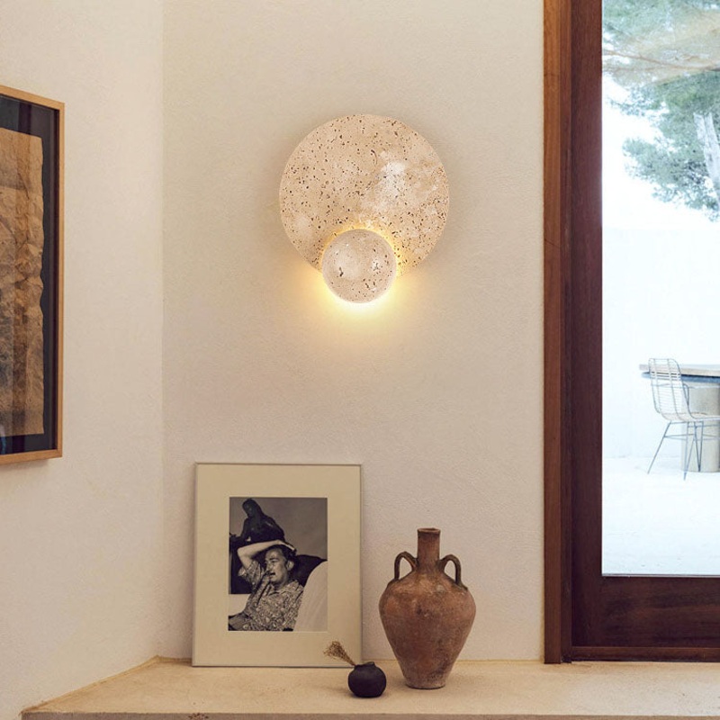 Traditional Japanese Round Yellow Travertine LED Wall Sconce Lamp For Bedroom