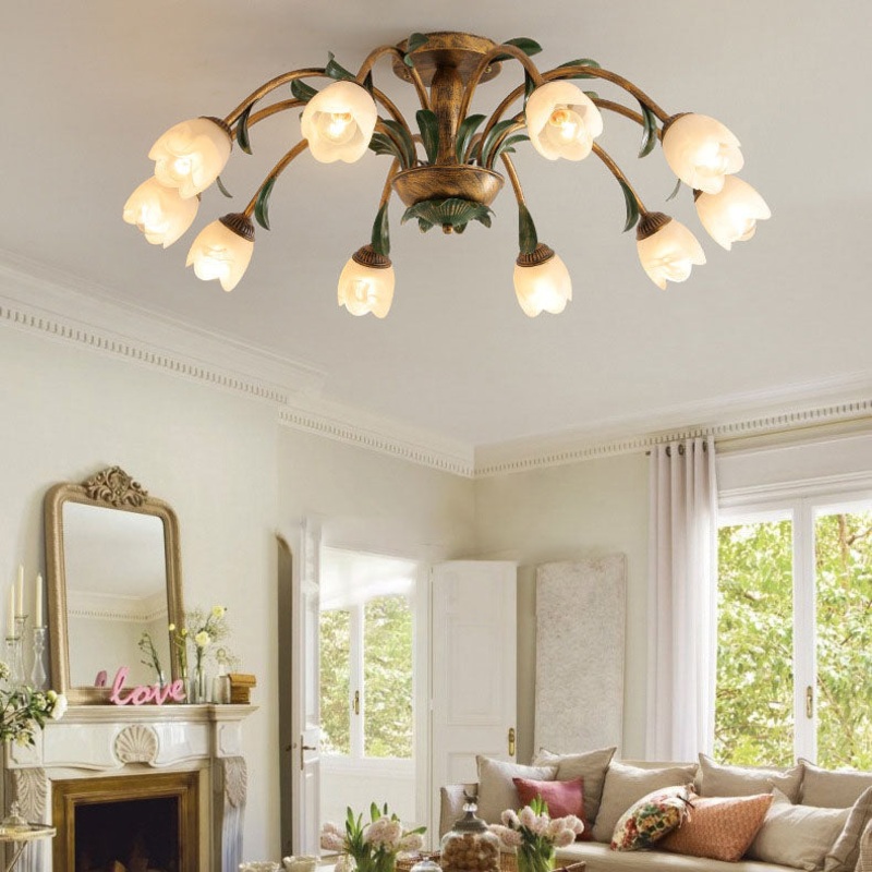 Traditional Rustic Floral Iron Glass 6/8/10 Light Semi-Flush Mount Ceiling Light For Living Room