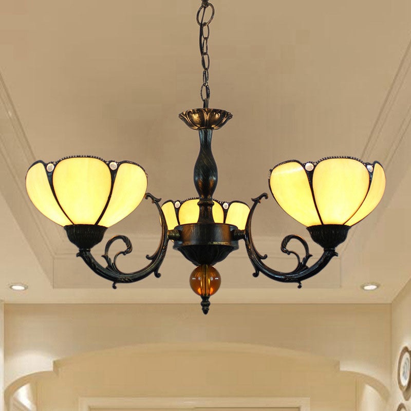 Traditional Tiffany Flower Iron Alloy Stained Glass 3-Light Chandelier For Living Room