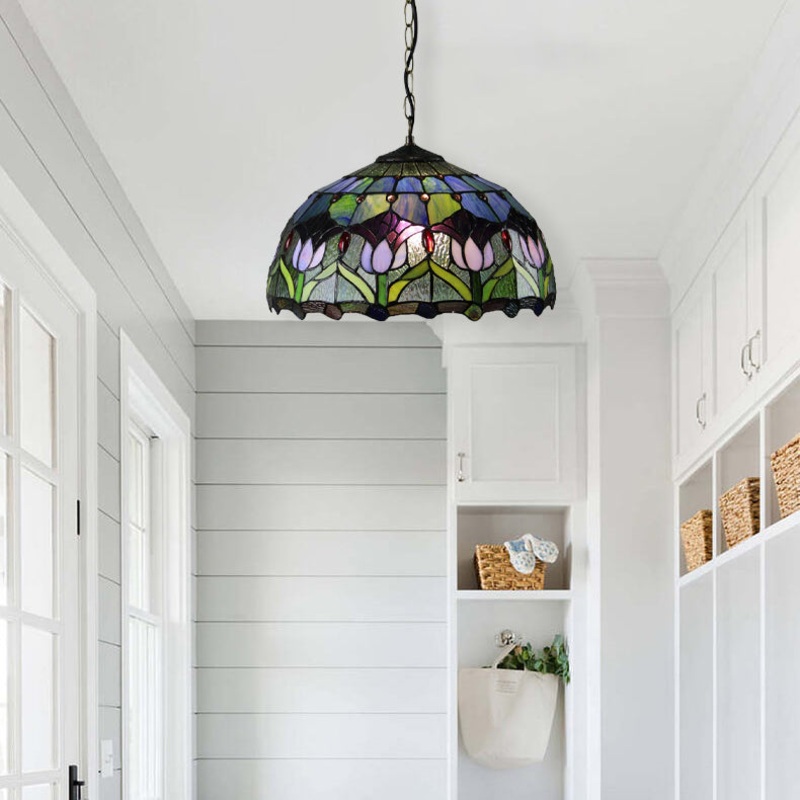Traditional Tiffany Round Leaf Tulip Hardware Stained Glass 1 Light Chandelier For Living Room
