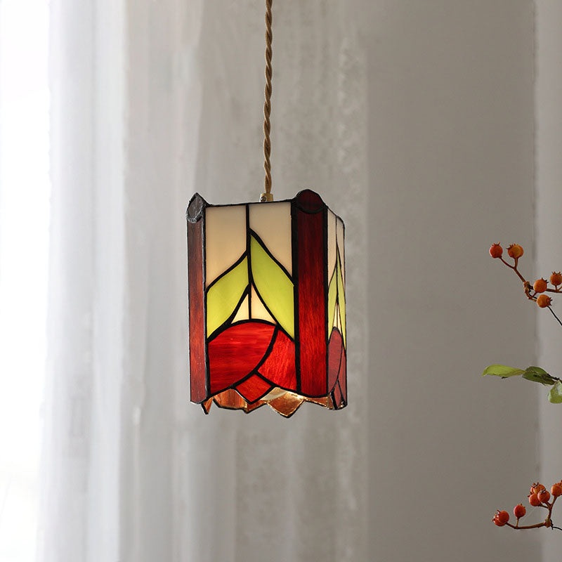 Traditional Tiffany Trapezoidal Rectangle Rose Brass Stained Glass 1-Light Pendant Light For Living Room