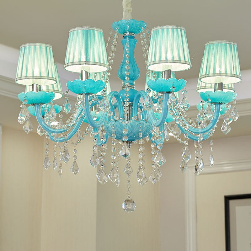 Contemporary Coastal Round Candle Holder Hardware Crystal Glass Fabric 6/8 Light Chandelier For Living Room