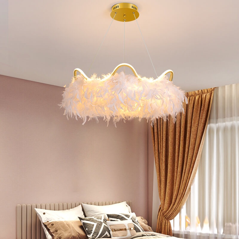 Contemporary Creative Crown Feather Aluminum Acrylic LED Pendant Light For Bedroom