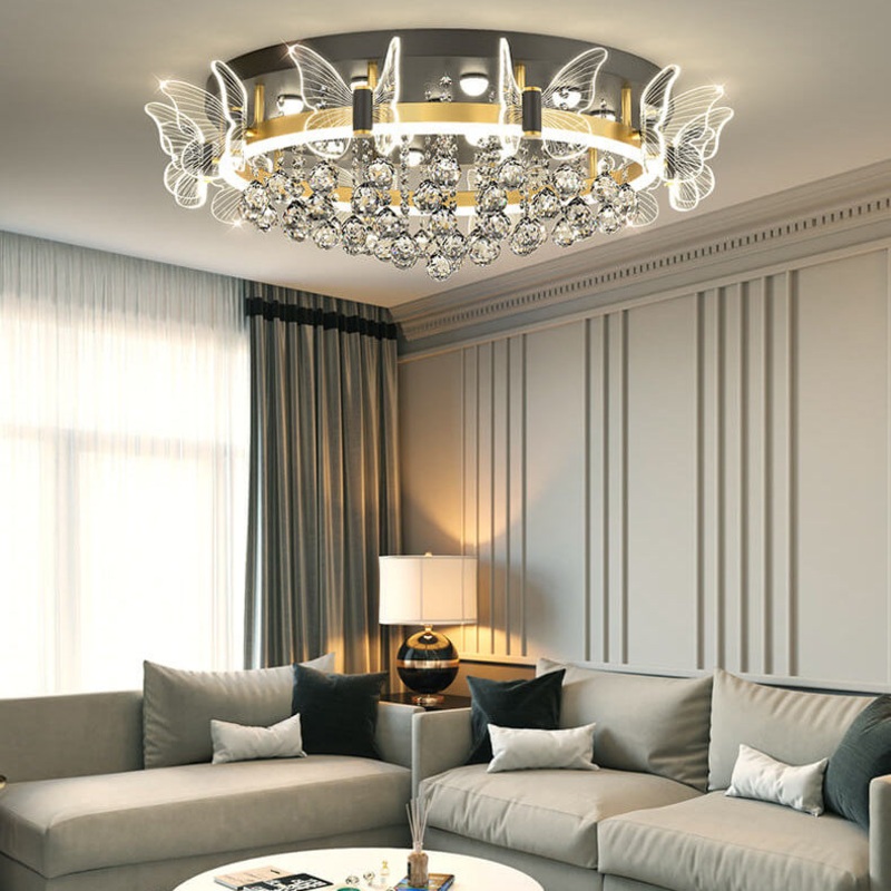 Modern Luxury Radiant Crystal Strings Butterfly Embellishment Round Shade LED Flush Mount Ceiling Light For Living Room