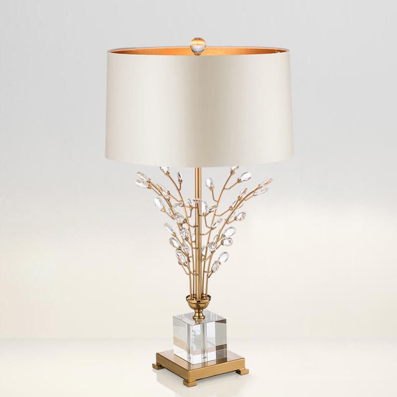 Modern Luxury Tree Branch Round Quadrangle Crystal Fabric 1-Light Table Lamp For Bedroom