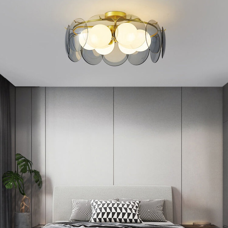Modern Mid-Century Golden Finish Frame Glass Ball Shade 4/6-Light Semi-Flush Mount Ceiling Light For Living Room