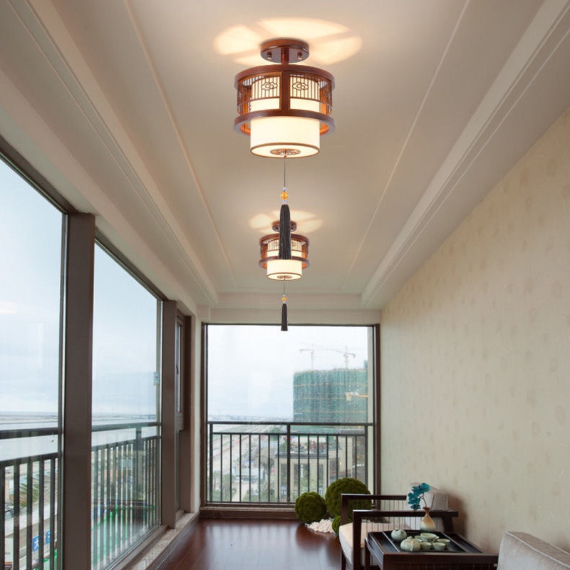 Traditional Chinese Solid Wooden Fabric Lantern Shade 1/3-Light Chandelier For Living Room