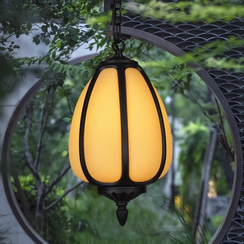 Traditional Chinese Waterproof Aluminum PC Dolomite Elliptical Pumpkin 1-Light Pendant Light For Ourdoor Patio