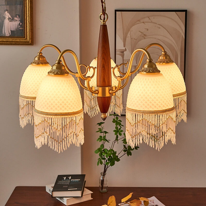 Traditional Vintage Grid Tassel Copper Wood Glass 3/5/8 Light Chandelier For Living Room