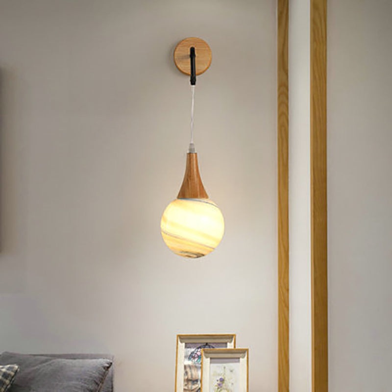 Traditional Vintage Wood Frame Moon Textured Globe Shade 1-Light Wall Sconce Lamp For Bedroom