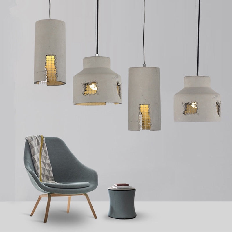 Contemporary Industrial Iron Cement Cylinder Skeletonized Split 1-Light Pendant Light For Dining Room