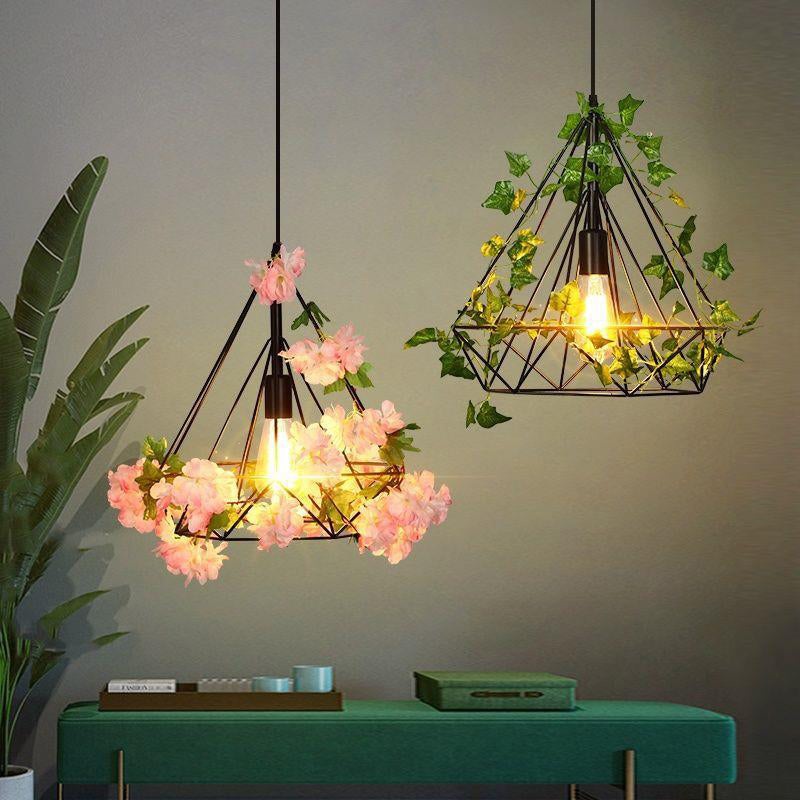 Contemporary Retro Iron Hemp Rope Simulated Greenery Diamond Sakura Leaf 1-Light Pendant Light For Dining Room