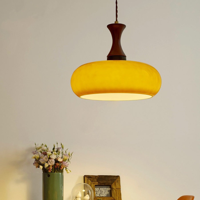 Contemporary Retro Wood Iron Glass Drum Round 1-Light Pendant Light For Dining Room