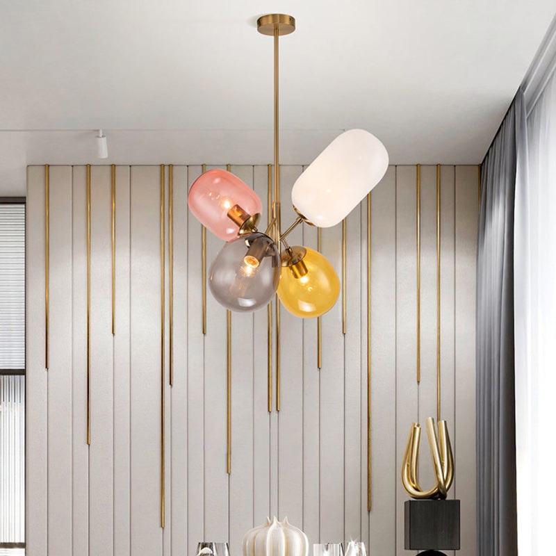 Contemporary Scandinavian Iron Copper Glass Balloon 4-Light Chandelier For Dining Room