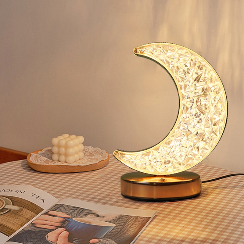 Modern Art Deco Metal Crystal Star Moon LED Table Lamp For Bedside