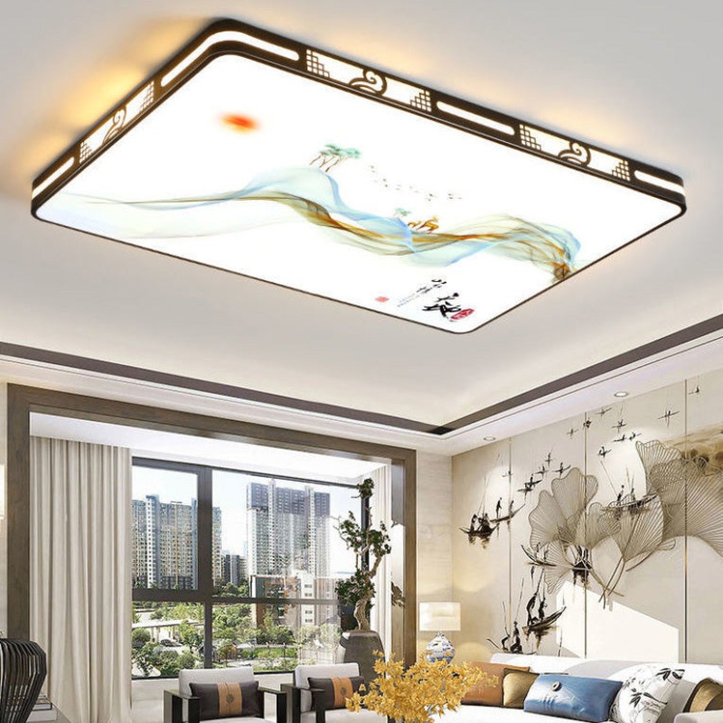 Traditional Chinese Iron Acrylic Round Square Rectangular Landscape Painting LED Flush Mount Ceiling Light For Living Room
