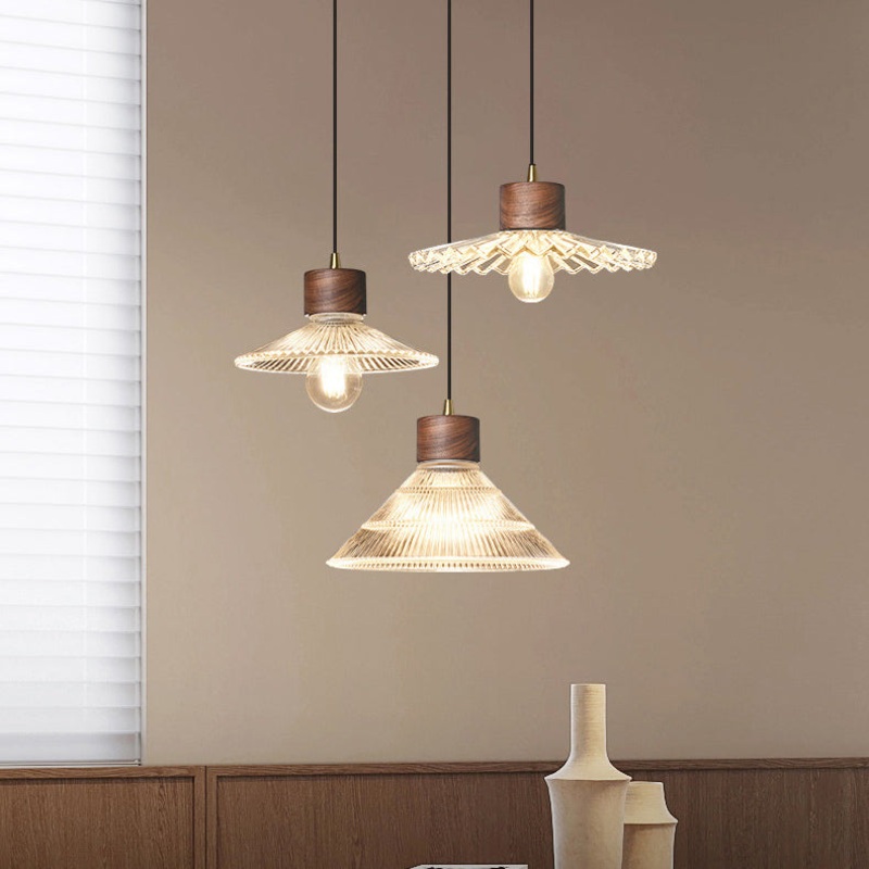 Traditional Chinese Iron Walnut Glass Conic Umbrella-Shaped 1-Light Pendant Light For Dining Room