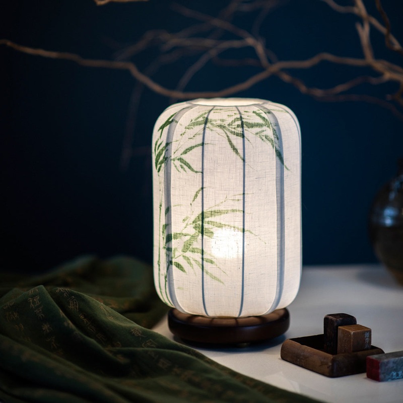 Traditional Chinese Wood Cotton Hemp Cylinder Bamboo Leaf 1-Light Table Lamp For Bedside