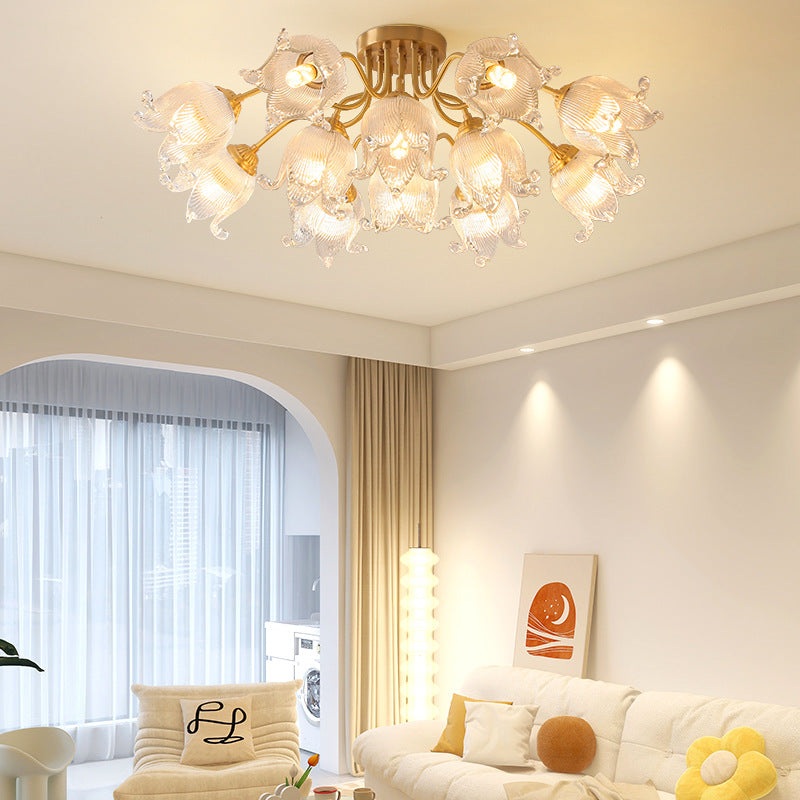 Traditional European Copper Glass Flower 5/12/15 Light Semi-Flush Mount Ceiling Light For Living Room