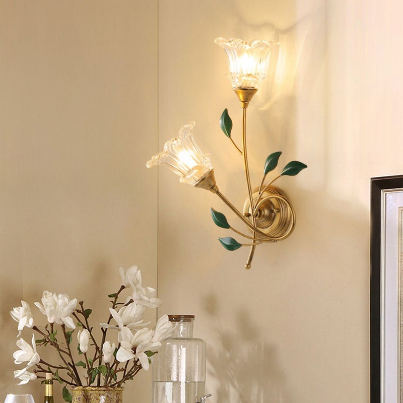 Traditional European Iron Crystal Glass Flower Leave 2-Light Wall Sconce Lamp For Living Room
