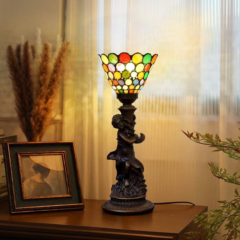 Traditional European Resin Glass Floral Round Boy 1-Light Table Lamp For Study