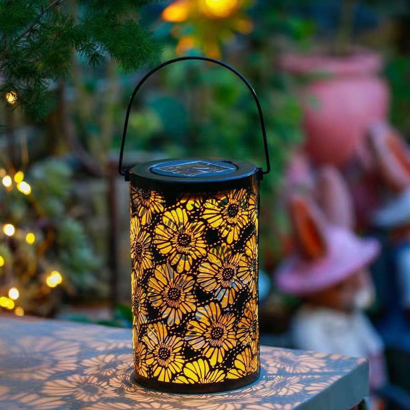 Traditional Farmhouse Solar Waterproof Iron Cylinder Flower Hollowed LED Hanging Landscape Lighting Outdoor Light For Garden