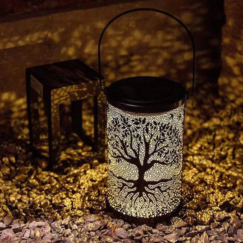 Traditional Farmhouse Solar Waterproof Iron Cylinder Tree Hollowed LED Hanging Landscape Lighting Outdoor Light For Garden