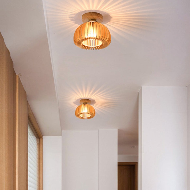 Traditional Japanese Iron Wood Round Grille 1-Light Semi-Flush Mount Ceiling Light For Hallway