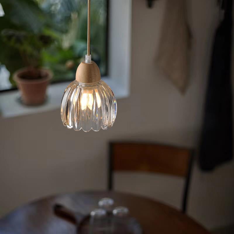Traditional Japanese Rubber Wood Glass Flower 1-Light Pendant Light For Dining Room
