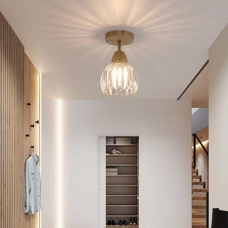 Traditional Japanese Rubber Wood Glass Flower 1-Light Semi-Flush Mount Ceiling Light For Hallway